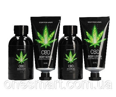 Набір для ванни та душу CBD Luxe Travel set 4 предмети гель пена скраб лосьон з зеленим чаєм та конопляним маслом, фото 1