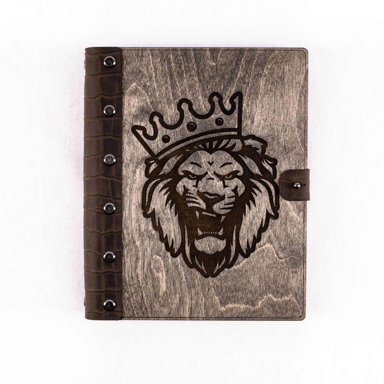 Блокнот- органайзер в дерев'яній обкладинці зі шкірою "Лев з короною" А5 100 аркушів Графіт