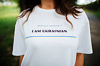 Женская патриотическая футболка с надписью " I AM UKRAINIAN" (В чем моя суперсила я Украинка) белая Oversize