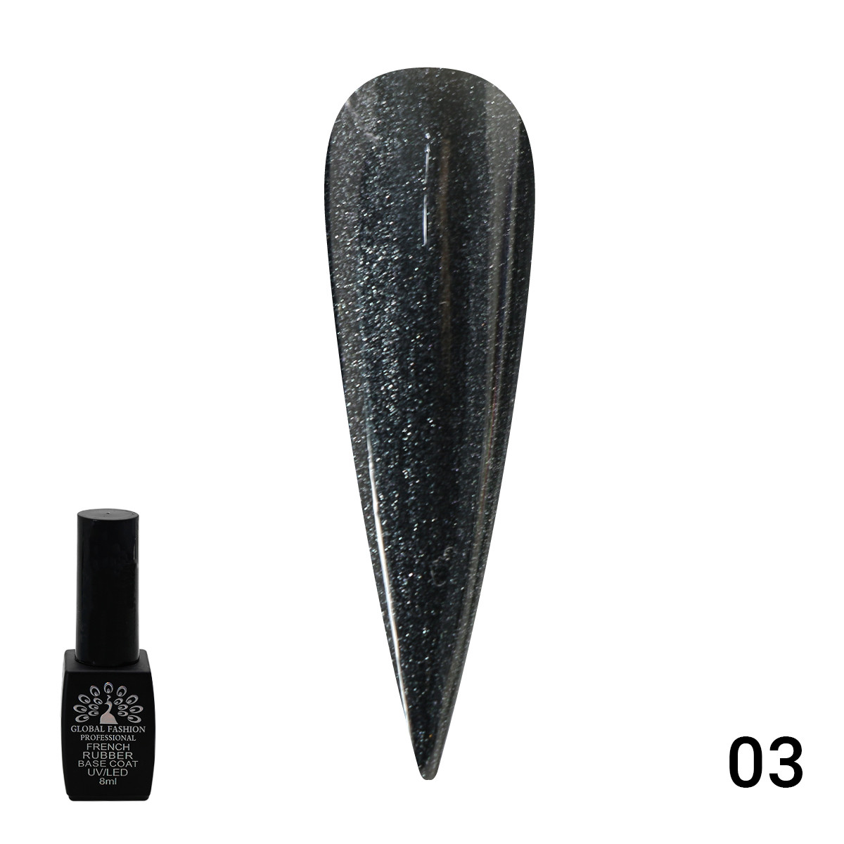 Каучукова база для гель лаку Global Fashion чорна френч з шиммером, Rubber Base Coat French Black, 8 мл, 6, фото 1