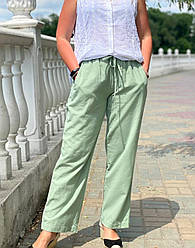 Жіночі однотонні штани з натуральної тканини льон (з 48 по 58) М'ятний
