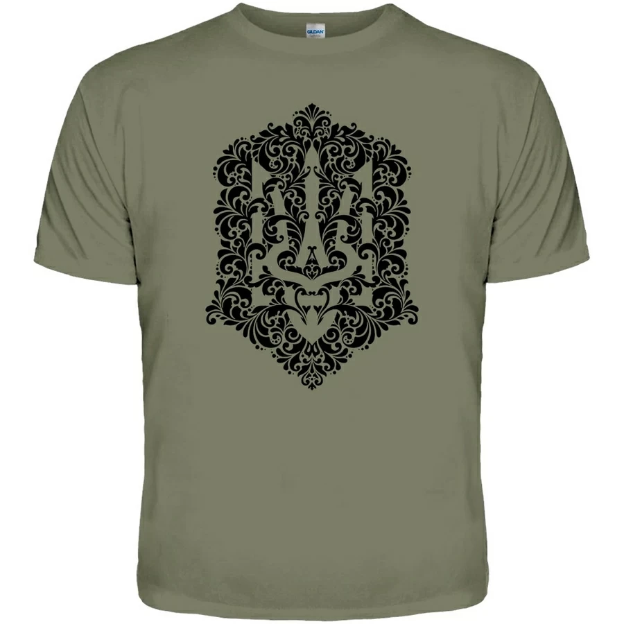 Футболка Тризуб у рослинному візерунку (оливкова футболка) S, фото 1