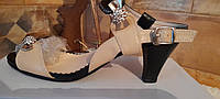 Черно-Бежевые нарядные босоножки со стразами на удобном каблуке 7 см, женские босоножки бежево-черные 37 38 39