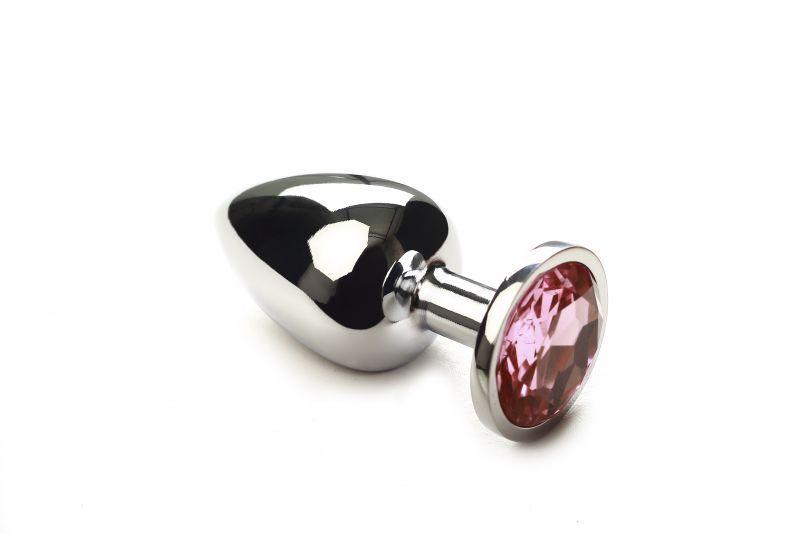 Велика срібляста анальна пробка Silver Pink Topaz, L з рожевим кристалом