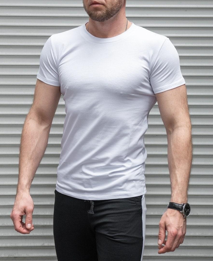 Чоловіча базова футболка прилегла бавовняна однотонна біла, фото 1
