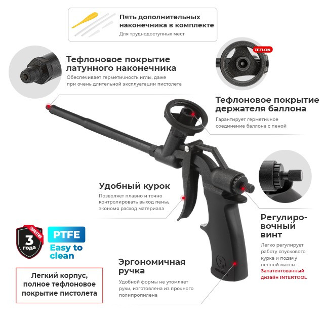 Пистолет для пены с полным тефлоновым покрытием профессиональный INTERTOOL PT-0606 |Пістолет для піни - фото 6 - id-p1635065137