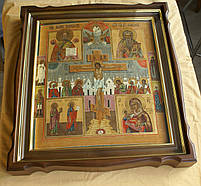 Кіот фігурний з вільхи для старовинної ікони з внутрішньою дерев'яною рамою і золоченими штапиками., фото 3