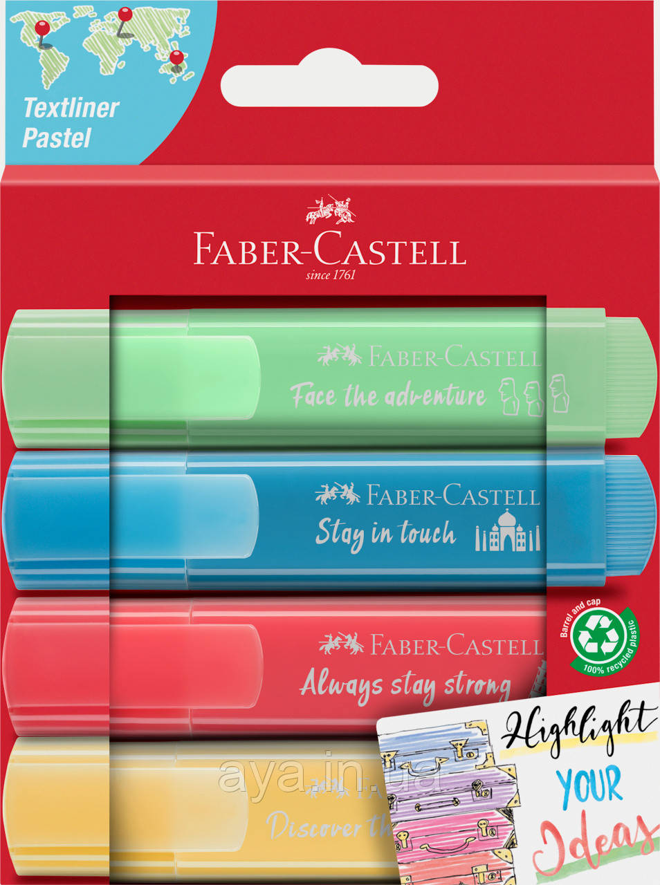 Набір текстових маркерів Faber-Castell Highlighter TL 46 Pastel, 4 штуки, Картонна упаковка, Різні кольори