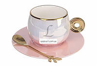 Чашка керамическая перламутровая с блюдцем и ложкой розовая