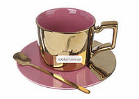 Чашка керамическая золотистая с блюдцем и ложкой розовая