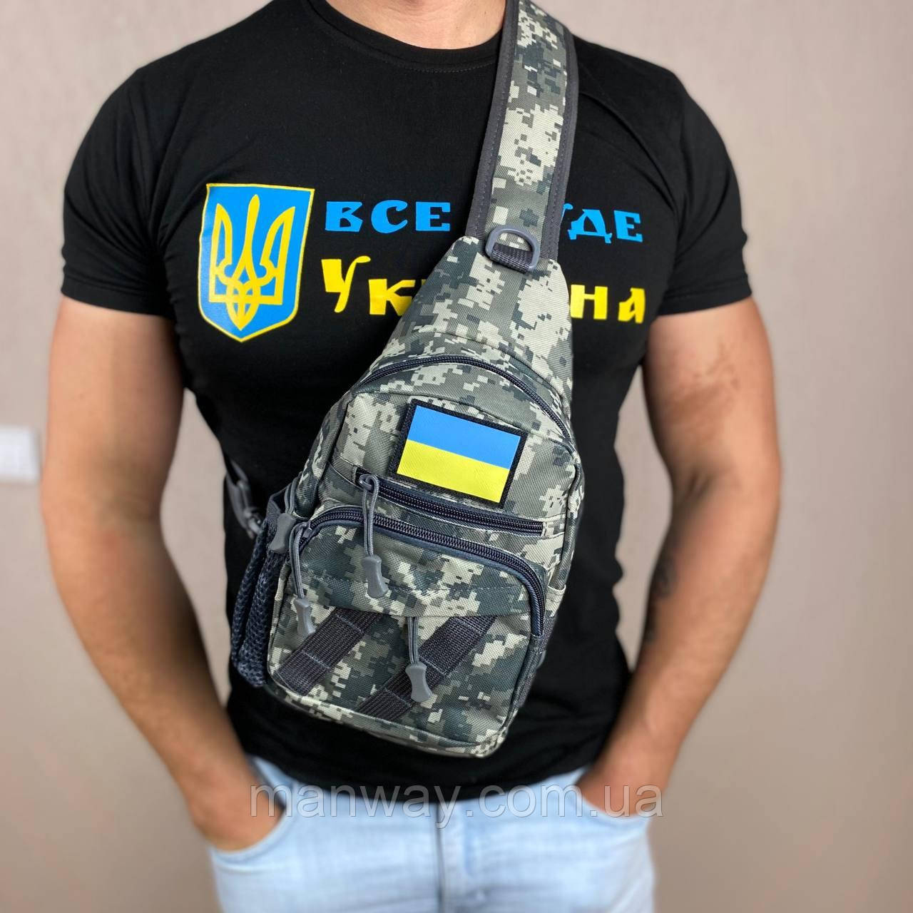 Чоловіча сумка на груди тактичний слінг бананка сірий піксель сумка через плече зручна міцна