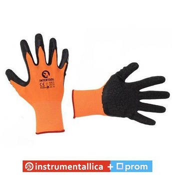 Рукавичка трикотажна синтетична жовтогаряча покрита чорним рифленим латексом 11 SP-0119 Intertool