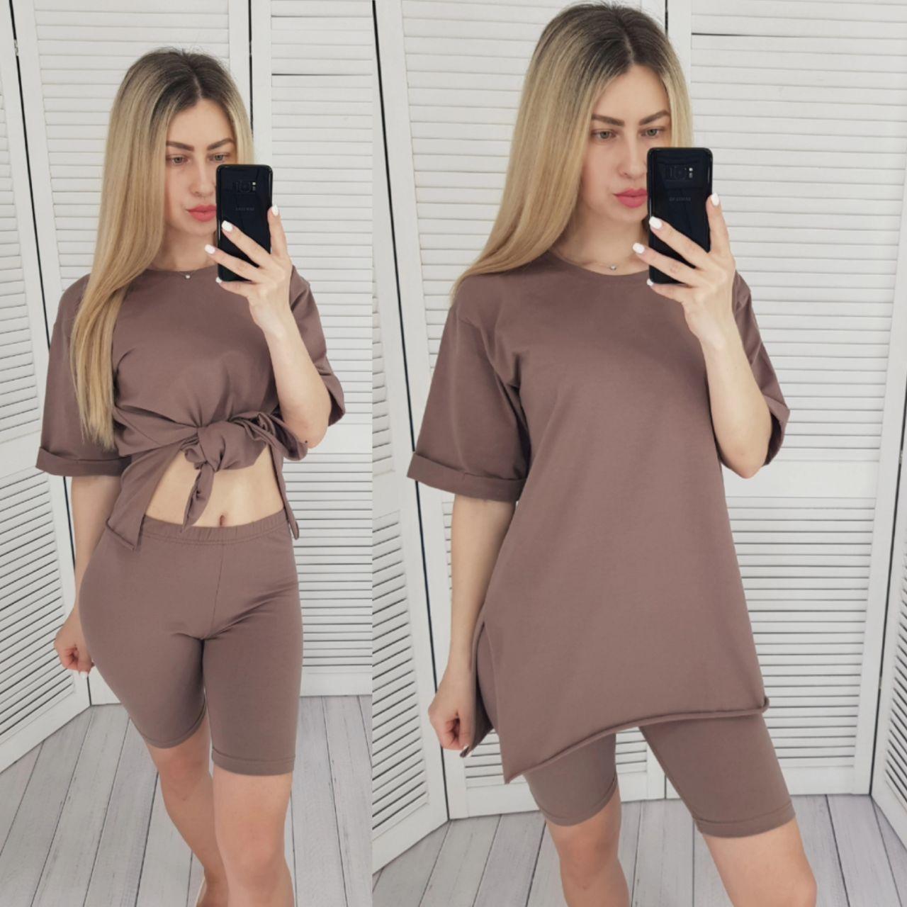 Легкий костюм подовжена футболка та велосипедки, арт 447, колір кави, фото 1