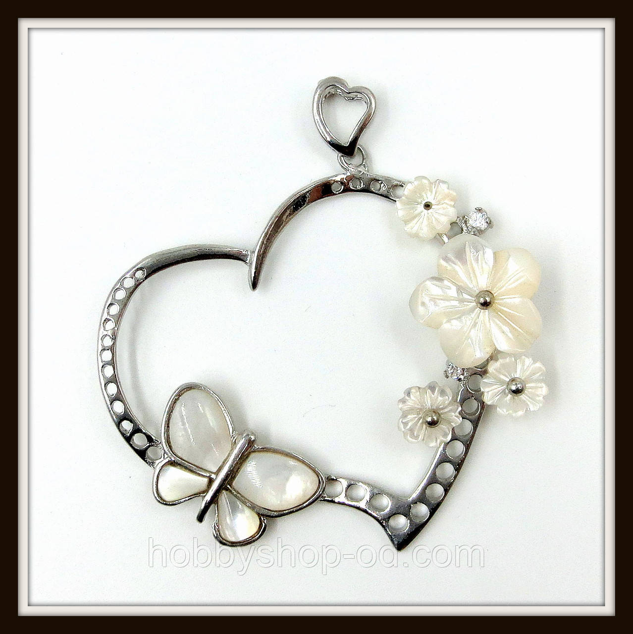 Кулон Серце з натурального перламутру зі стразами, фото 1