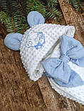 Демісезонний конверт на виписку Тедді плюш + бавовна з вишивкою, білий з блакитним, фото 2