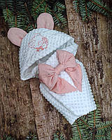 Конверт на выписку Тедди плюш + хлопок с вышивкой, белый с розовым
