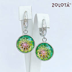 Сережки Zolota, розмір 35x17 мм, кристали Swarovski зелено-рожевого кольору, вага 6 г, родій, ЗЛ01614