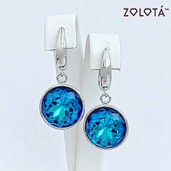 Сережки Zolota, розмір 35x17 мм, кристали Swarovski блакитного кольору з орнаментом, вага 6 г, родій, Зл01615 (1)