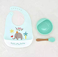 Посуда детская силиконовая для кормления Слон бирюзовый( Тарелка на присоске ,ложка и слюнявчик)