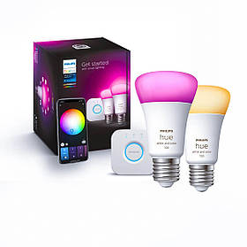 Стартовий комплект Philips Hue E27 White and Color 1100лм 75Вт 2 шт. + Блок керування Philips Hue Bridge, Apple HomeKit