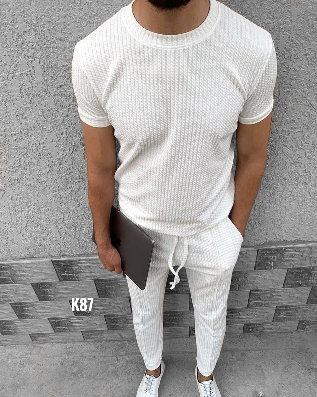 Чоловічий літній трикотажний спортивний костюм футболка та штани білий у рубчик K87