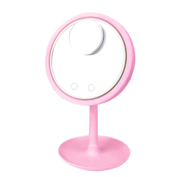 Дзеркало косметичне LED FAN MIRROR з LED підсвічуванням та вентилятором Рожеве | Дзеркало настільне кругле, фото 1