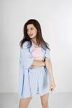 Прогулянковий жіночий костюм двійка шорти + сорочка на літо Костюм жіночий легкий літній блакитний, фото 2
