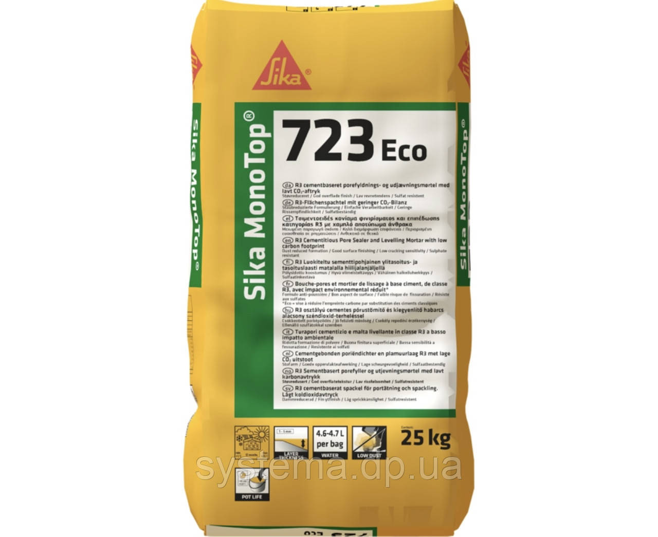 Sika® MonoTop®-723 ECO — Вирівнювальна шпаклівка та вирівнювальний розчин для бетонних поверхонь, 25 кг
