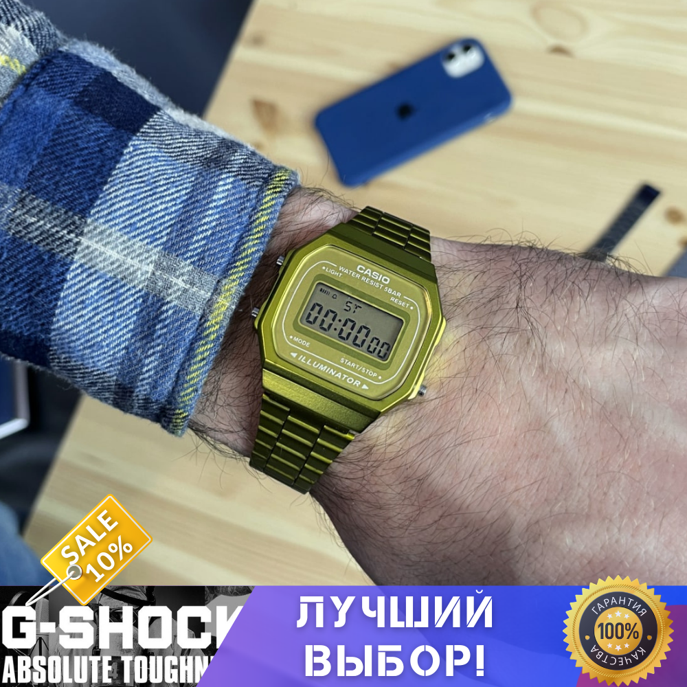 Класичний металевий годинник Casio A168 Illuminator F-91W Gold Касіо