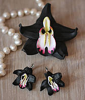 Черный комплект украшений ручной работы "Черные орхидеи"(заколка + серьги)