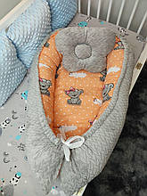 Кокон ( позиціонер, гніздечко) для новонароджених Ведмедика Сірого кольору + подушечка ортопедична плюш бязь
