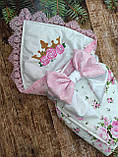 Літній конверт ковдра з вишивкою, бавовняний з принтом, білий з рожевим, фото 2