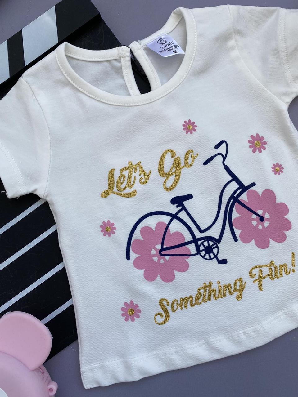 Футболка для дівчинки з написом "Let`s Go" та велосипед Біла 31494, 190, Wanex, Білий, Для дівчаток, Літо, 86, фото 1