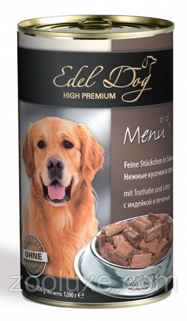 Edel Dog 400 г ніжні шматочки в соусі з індичкою та печінкою 400 г корм для собак у консерві, фото 1