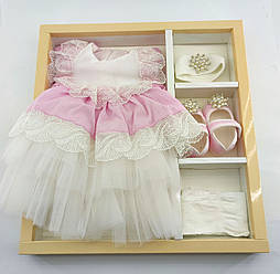 Подарунковий набір 0 до 4 місяців плаття для хрещення подарунок новонародженого рожеве (НПК93)