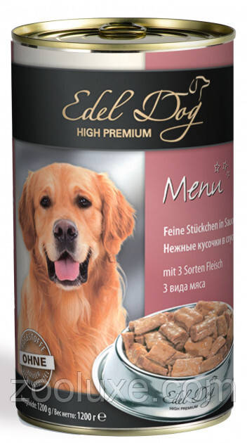 Edel Dog 400 г ніжні шматочки в соусі 3 різновиди м'яса 400 г корм для собак у консерві, фото 1