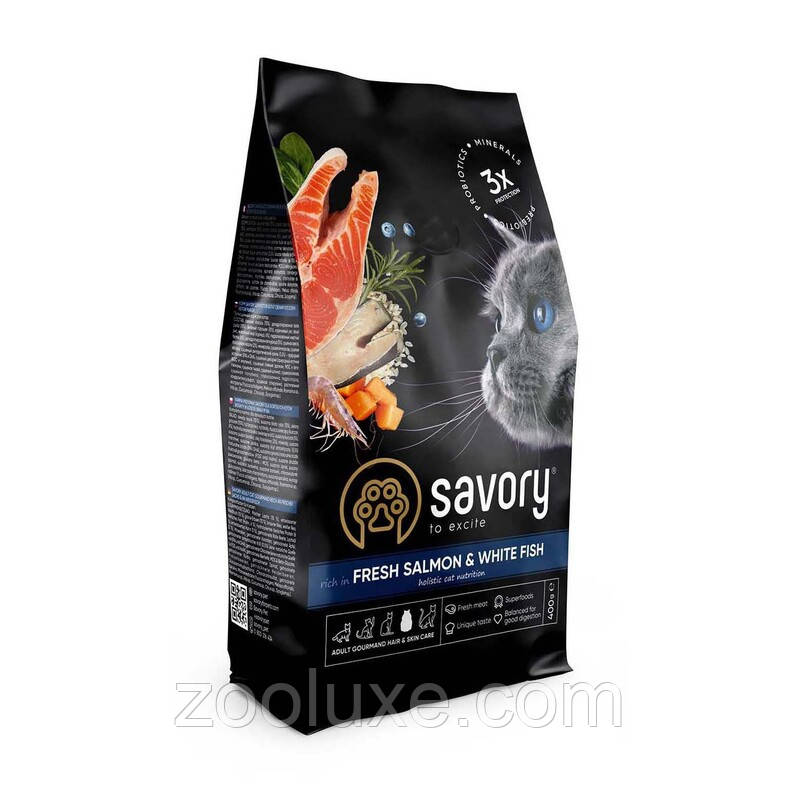 Savory Adult Gourmand Hair & Skin Care Fresh Salmon & White Fish 400 г корм для котів Сейворі Лосось і Риба, фото 1