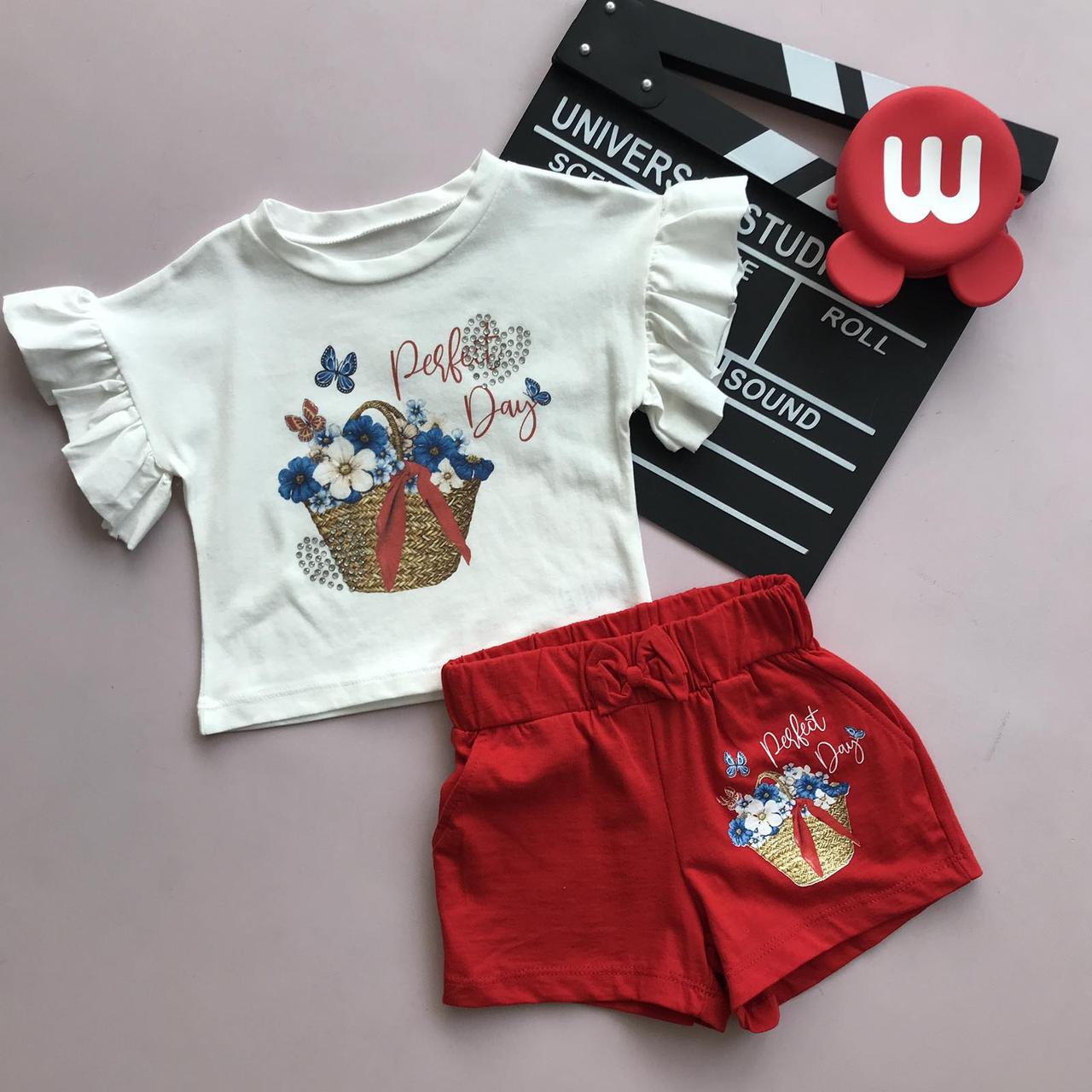 Комплект для дівчинки 2-а шорти Червоний + футболка з рюшами Білий 2804, 190, Червоний, Для дівчаток, Літо, 104, фото 1