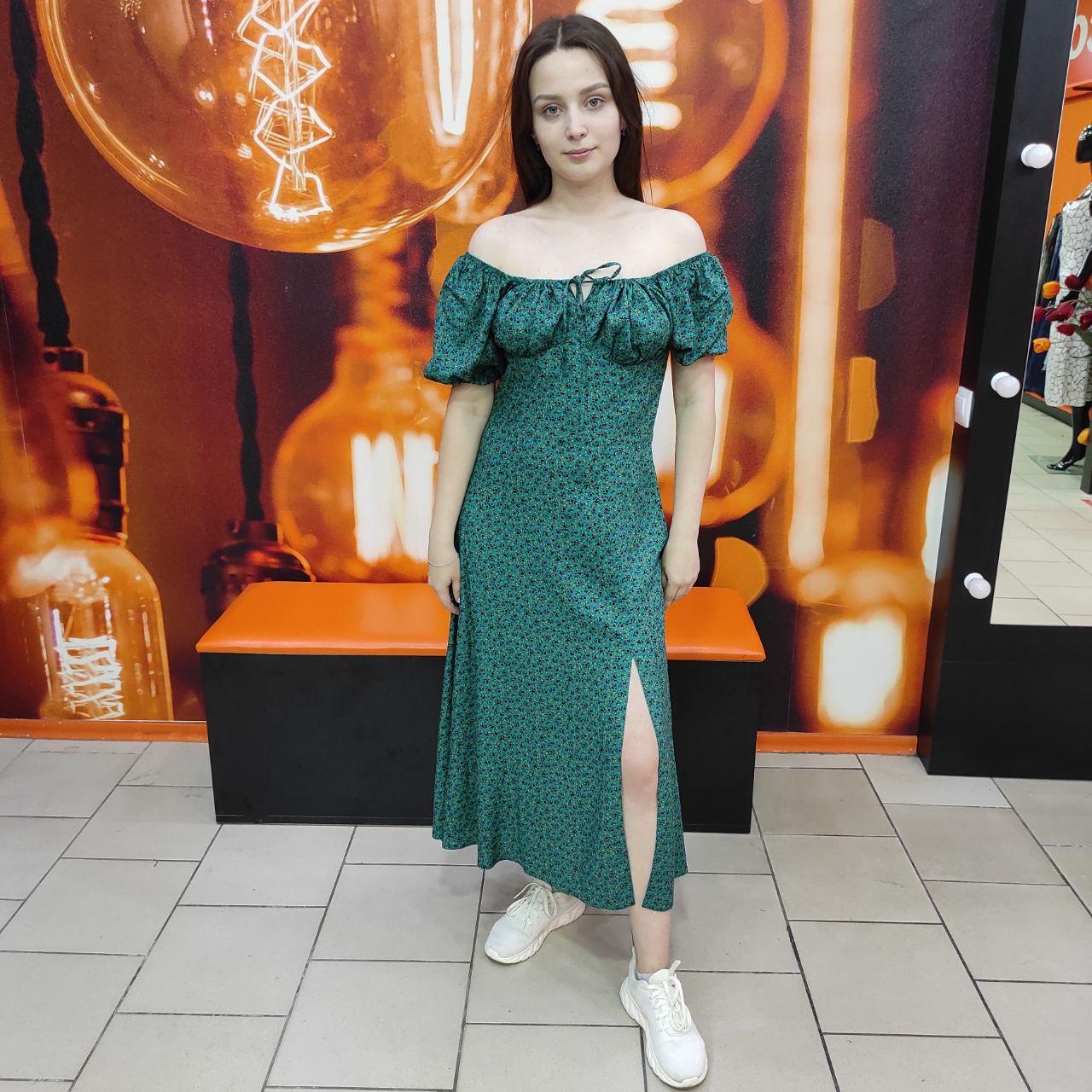 Сукня штапель літня міді розріз короткий рукав принт квіти зелене, фото 1