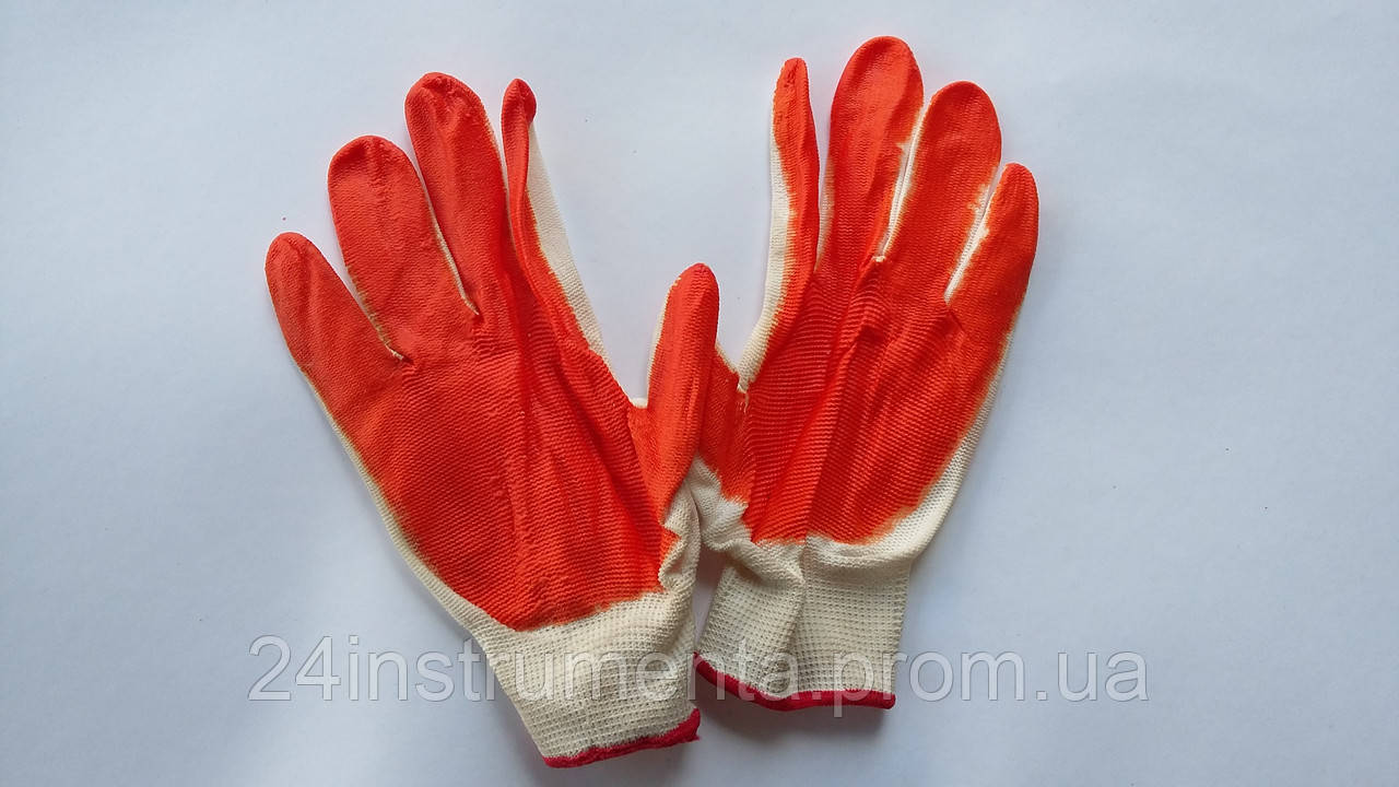 Перчатки рабочие стрейчевые с оранжевым латексным покрытием, Китай (упаковка 12 пар) - фото 1 - id-p963077248