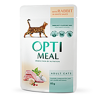 OPTIMEAL . Полнорационный консервированный корм для взрослых кошек с кроликом в белом соусе, 85гр