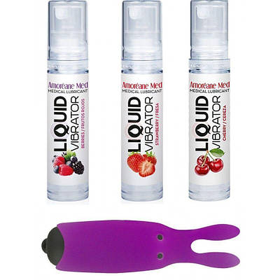 Подарунковий набір з трьох стимулюючих ягідних лубрикантів Amoreane Med 10 мл і фіолетової вібропулі Adrien Lastic Talla