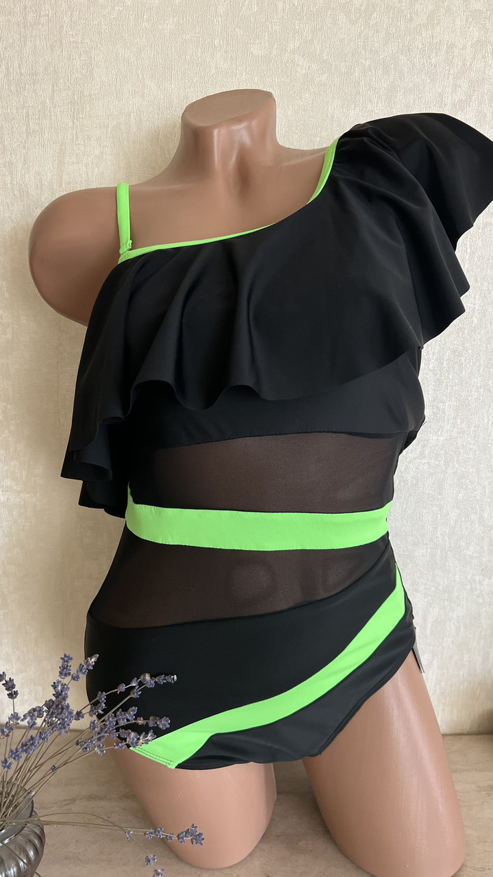 Жіночий суцільний купальник Fuba 22005 на одне плече. Зелений. Декорований прозорими вставками. Розміри 36-44