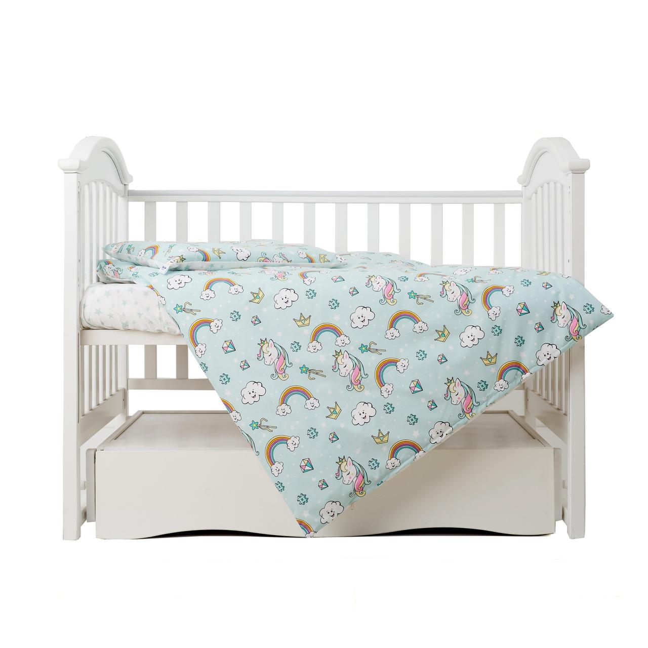 Дитяча бавовняна постільна білизна в ліжечко Twins Unicorn, 3 елементи, 120х60 см., м'ятне