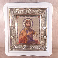 Икона Ярослав Мудрый святой благоверный князь, лик 15х18 см, в белом фигурном деревянном киоте, тип 2.