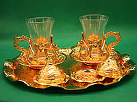 Турецкий набор для подачи кофе Армуды с лукумницами золотистый на подносе