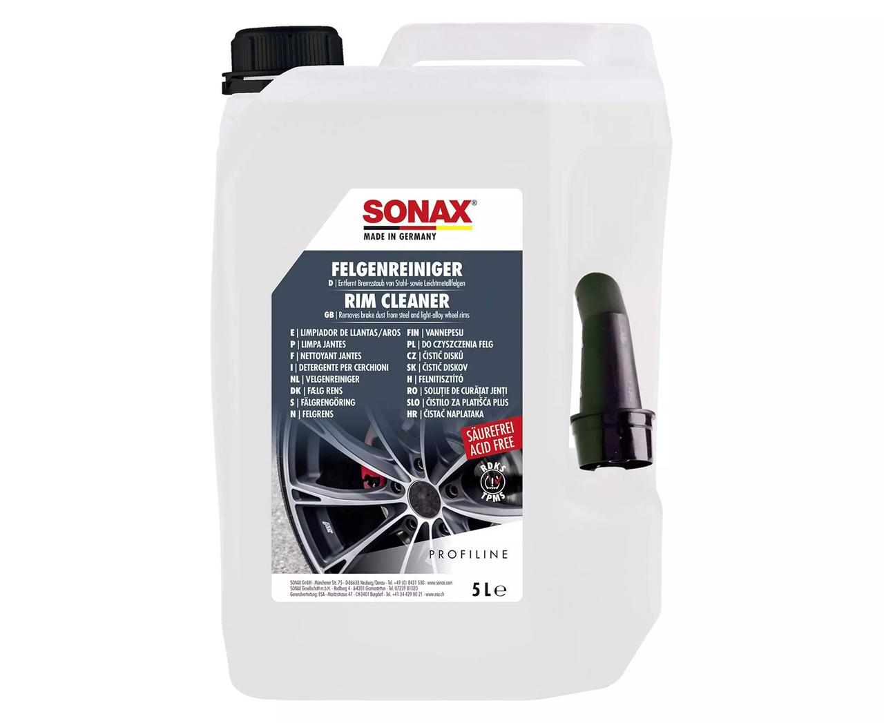 Безкислотний очисник легкосплавних і сталевих дисків 5 л SONAX PROFILINE Felgenreiniger säurefrei (230500), фото 1