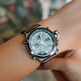 Спортивний водонепроникний електронно-стріляльний кварцовий годинник зі шкіряним ремінцем, фото 6