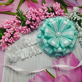 Дитяча повязка на голову з бантом Рюша (бантик мятний ручної роботи для дівчинки для волосся)