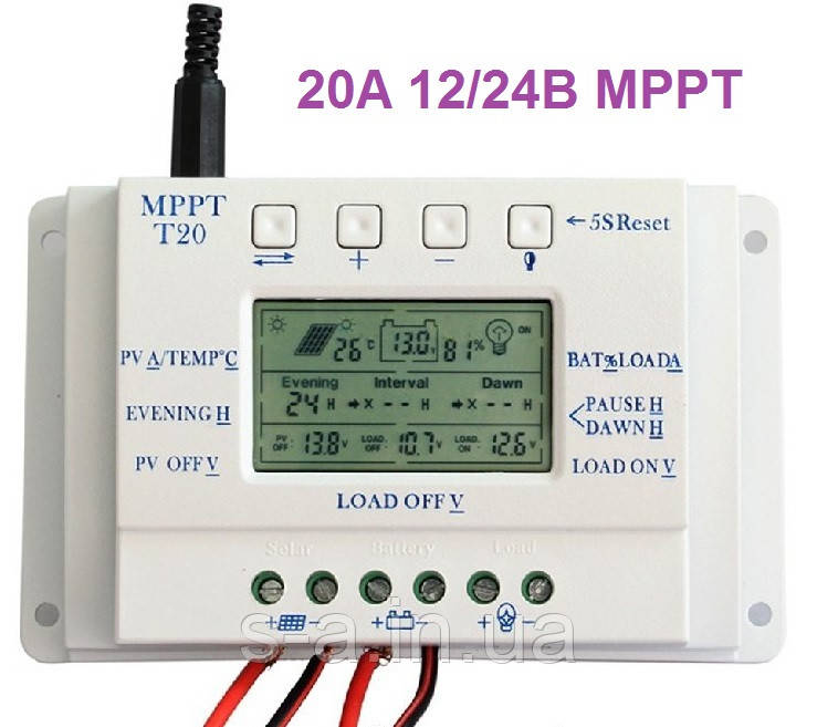 20А 12/24В MPPT Контролер заряду сонячних батарей (модулів) з Дисплеєм Контролер заряду для сонячних модулів